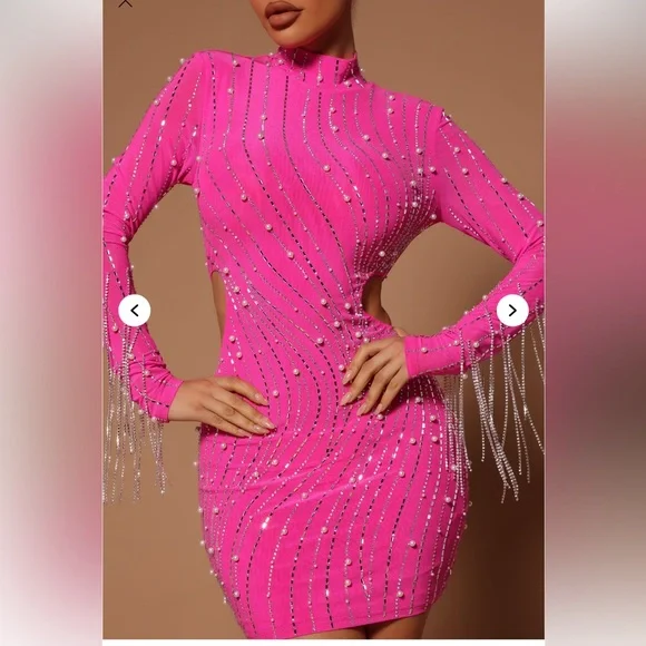 Belinda Embellished Mini Dress-Neon Pink - Picture 2 of 8